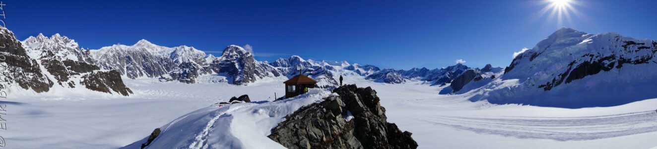The Don Sheldon Mountain House before the MASSIVE Ruth Glacier Amphitheater and Mt. Dan Beard. Denali (20,322') visible on the far left
